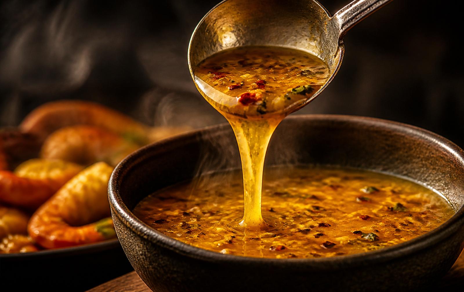 Signature Cajun butter sauce pouring from a ladle